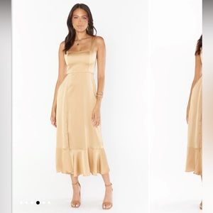 Show me your mumu true gold lux satin Claire midi dress without bows